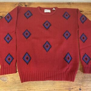 Vintage Wool Sweater XL Tall Red Western Aztec Knit Homestead Clothing Co.